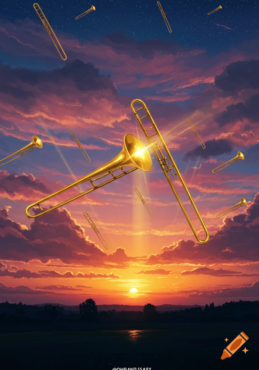 Golden trombones float in a vibrant sunset sky with pink and orange clouds, stars, and a setting sun over a dark landscape.