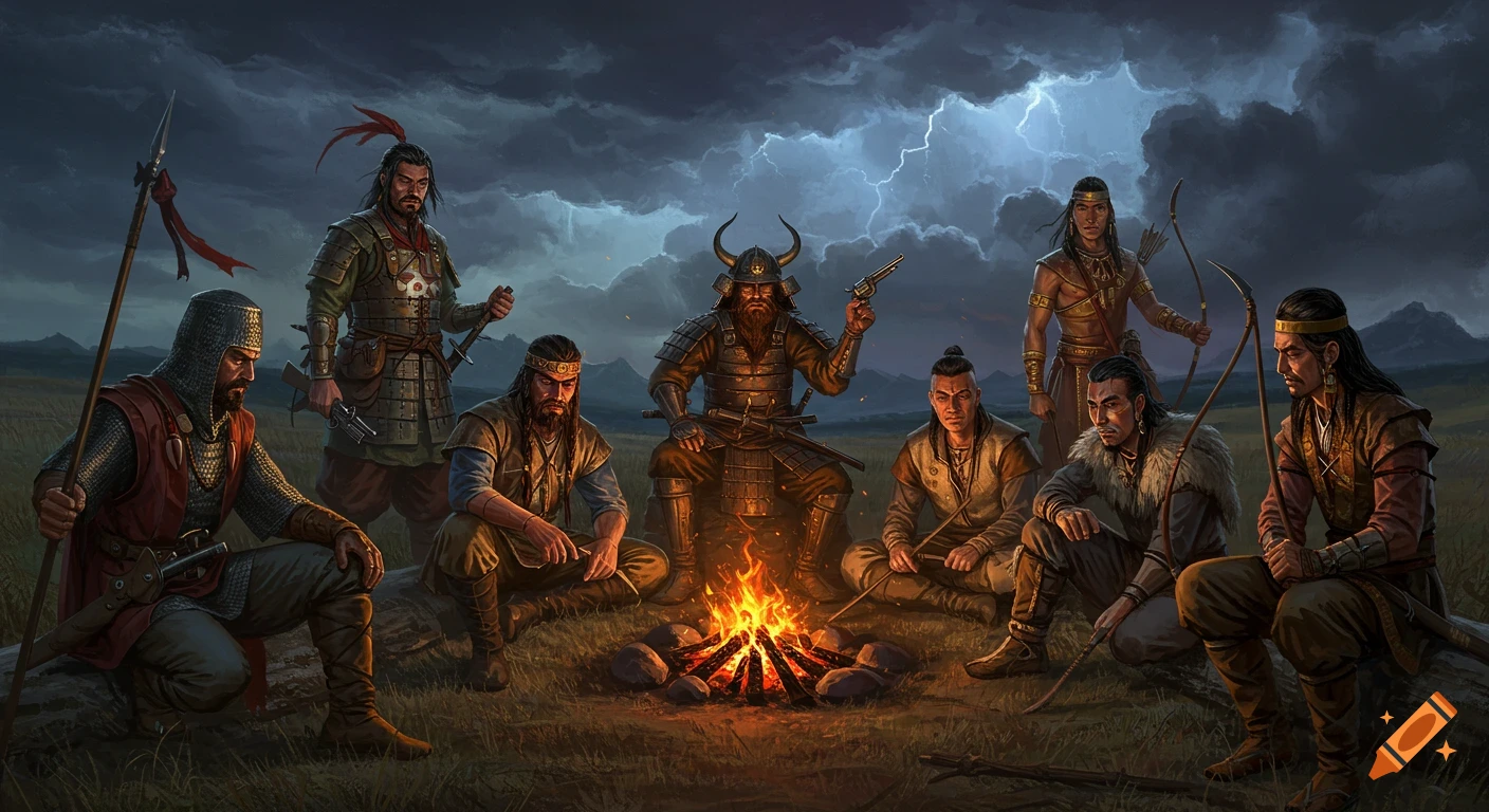 An epic dark fantasy painting depicts eight diverse warriors from different cultures, including a knight, samurai, and archer, gathered around a crackling campfire under a stormy, lightning-lit sky.