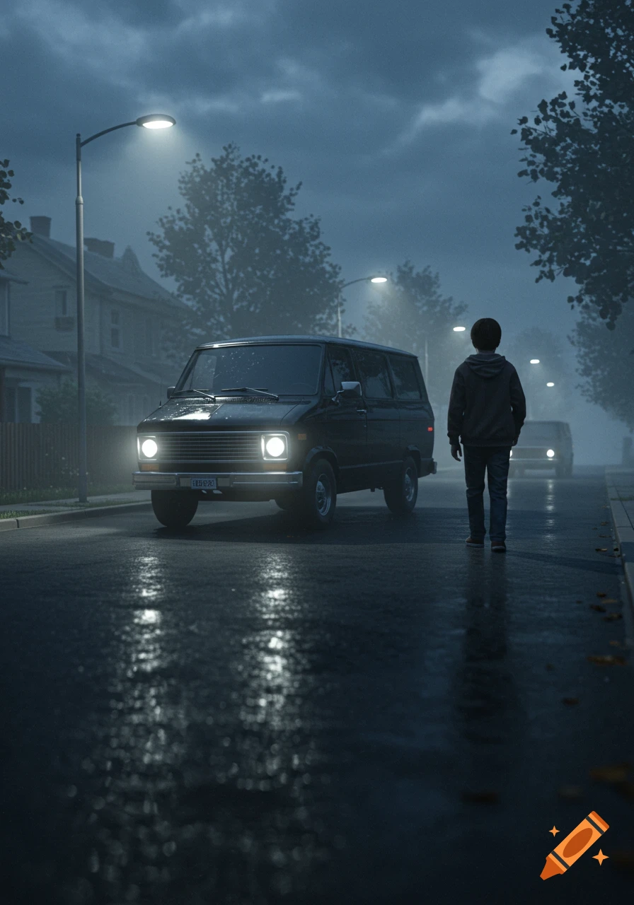 A boy walks away from a black van on a wet, misty street at night, under streetlights, in a photorealistic style.