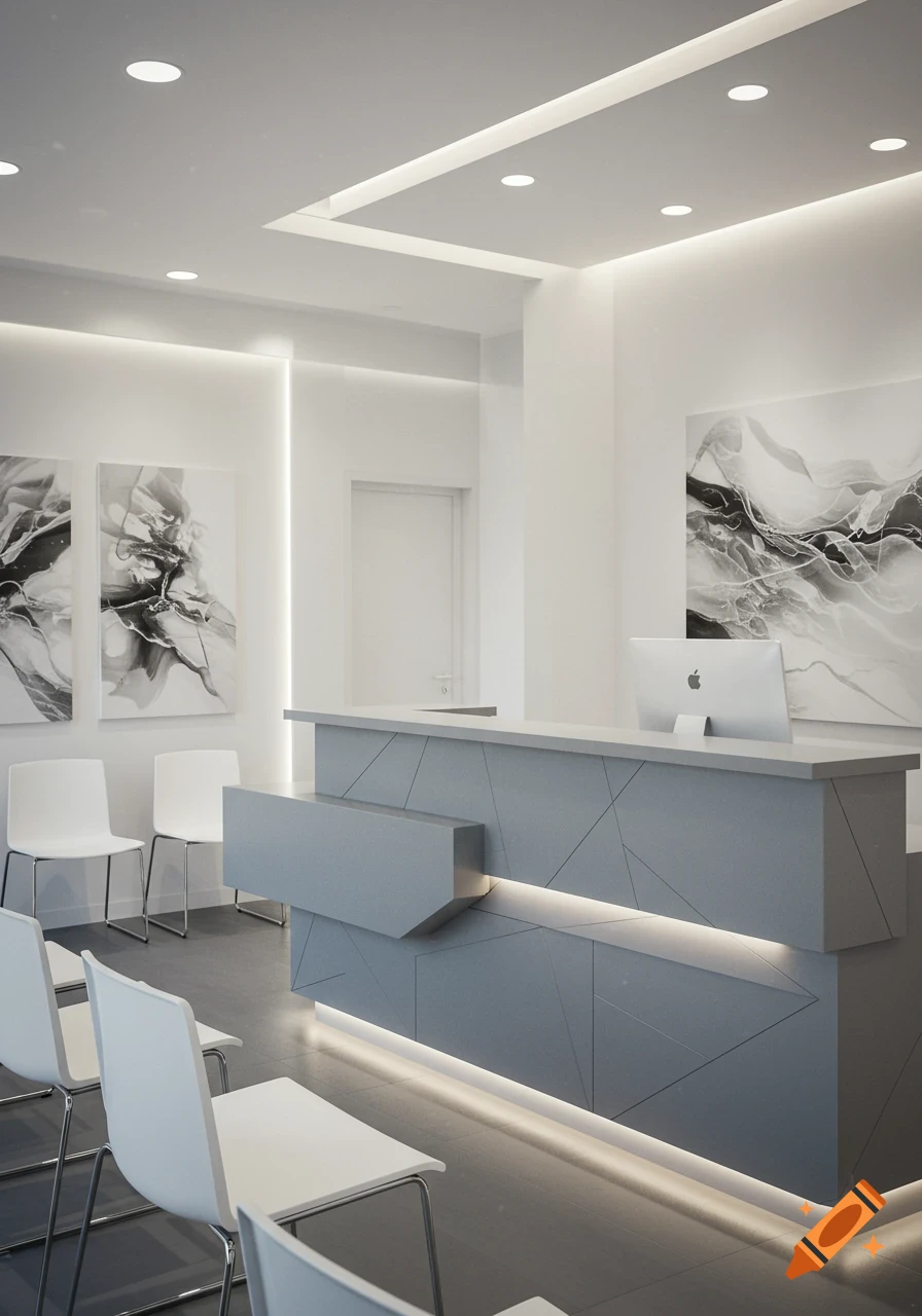 Photorealistic modern reception area with a gray desk, white chairs, abstract art, and recessed lighting.