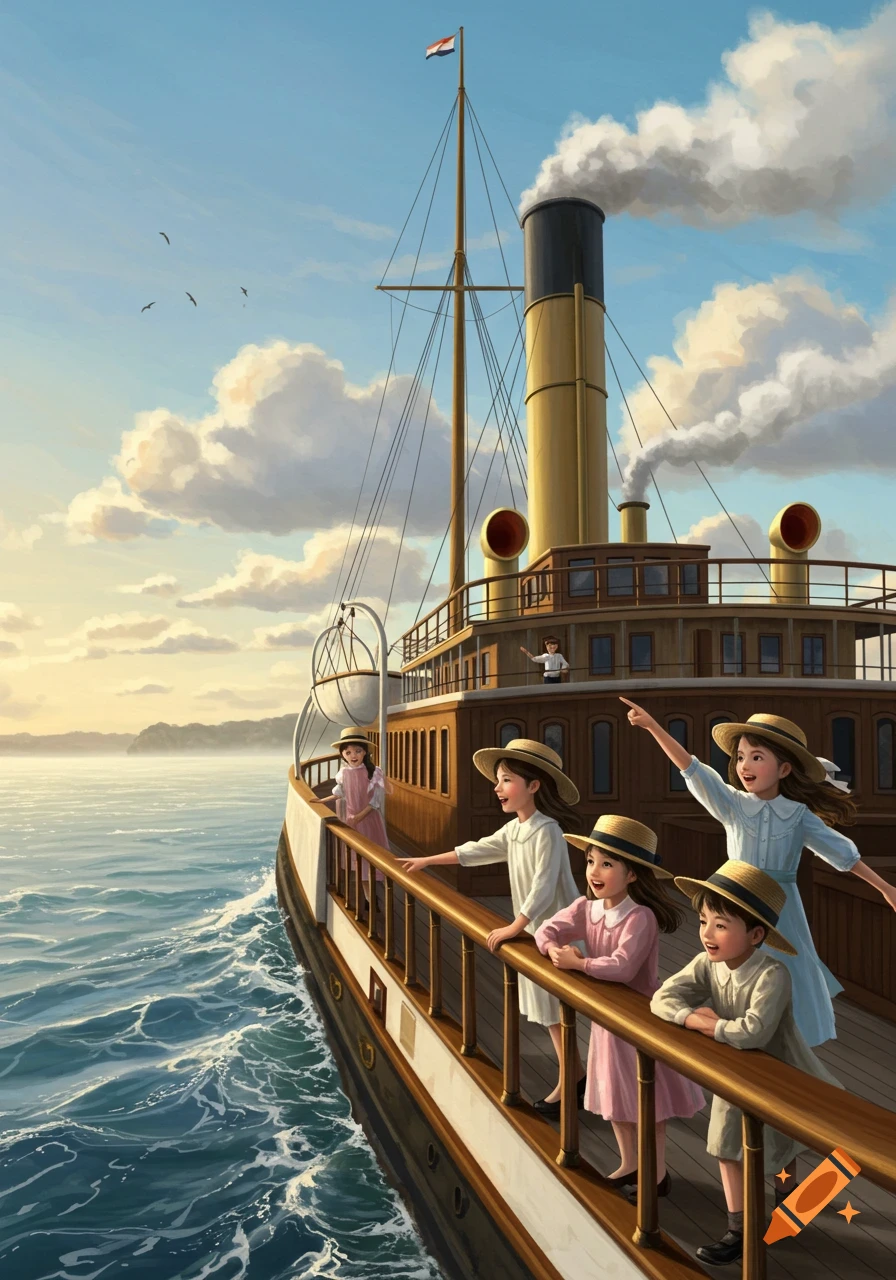 An illustration of children on the deck of an old steamship, looking out at the calm ocean under a cloudy sky.