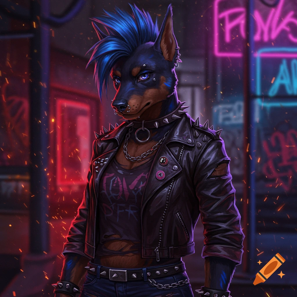 Doberman furry character with blue mohawk and piercings, wearing a punk leather jacket and chains, standing in a neon-lit cyberpunk street with graffiti.