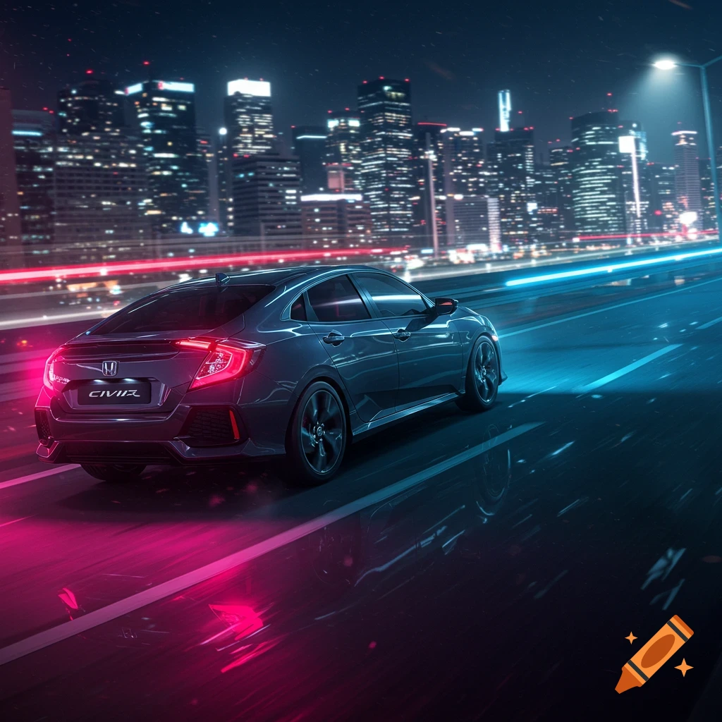 Dark grey Honda Civic driving at night on a wet city road, illuminated by neon pink and blue lights with a blurred cityscape in the background.