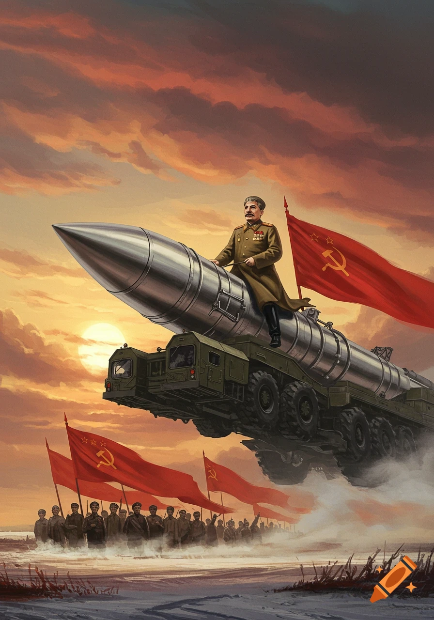 Joseph Stalin in uniform rides a silver missile on a military truck above marching soldiers with Soviet flags at sunset in a snowy landscape, in a propaganda art style.