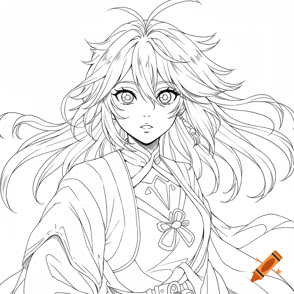 An anime character with long, flowing hair and large eyes, wearing traditional attire in a detailed black and white line art style.