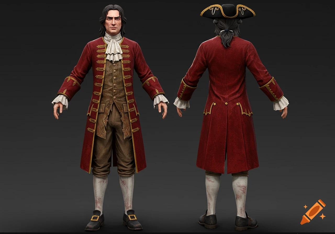 A 3D render of an 18th-century nobleman, shown from front and back, wearing a red velvet coat, brown waistcoat, white ruffled shirt, breeches, and white stockings.