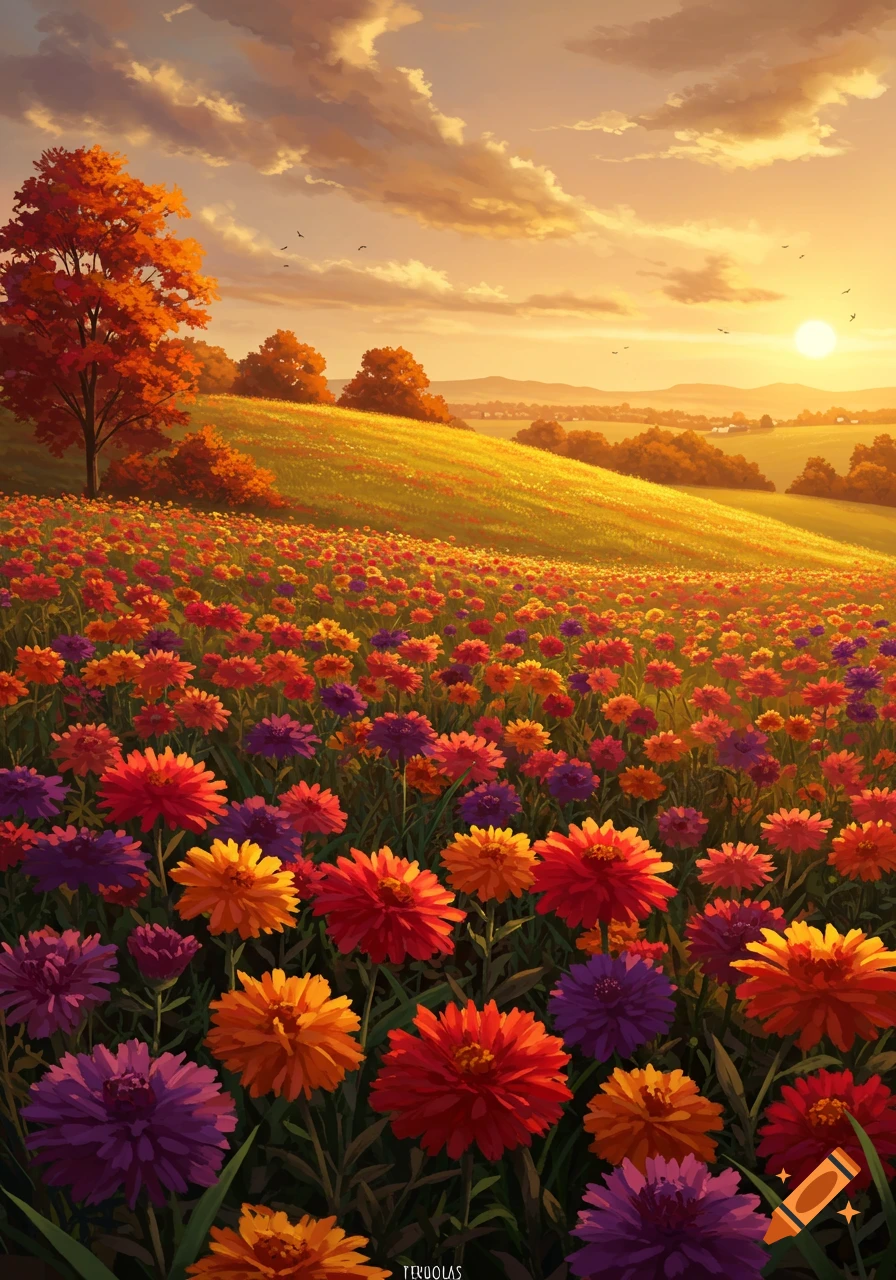 A vibrant field of colorful red, orange, and purple flowers on a sunlit hill under a warm sunset sky.