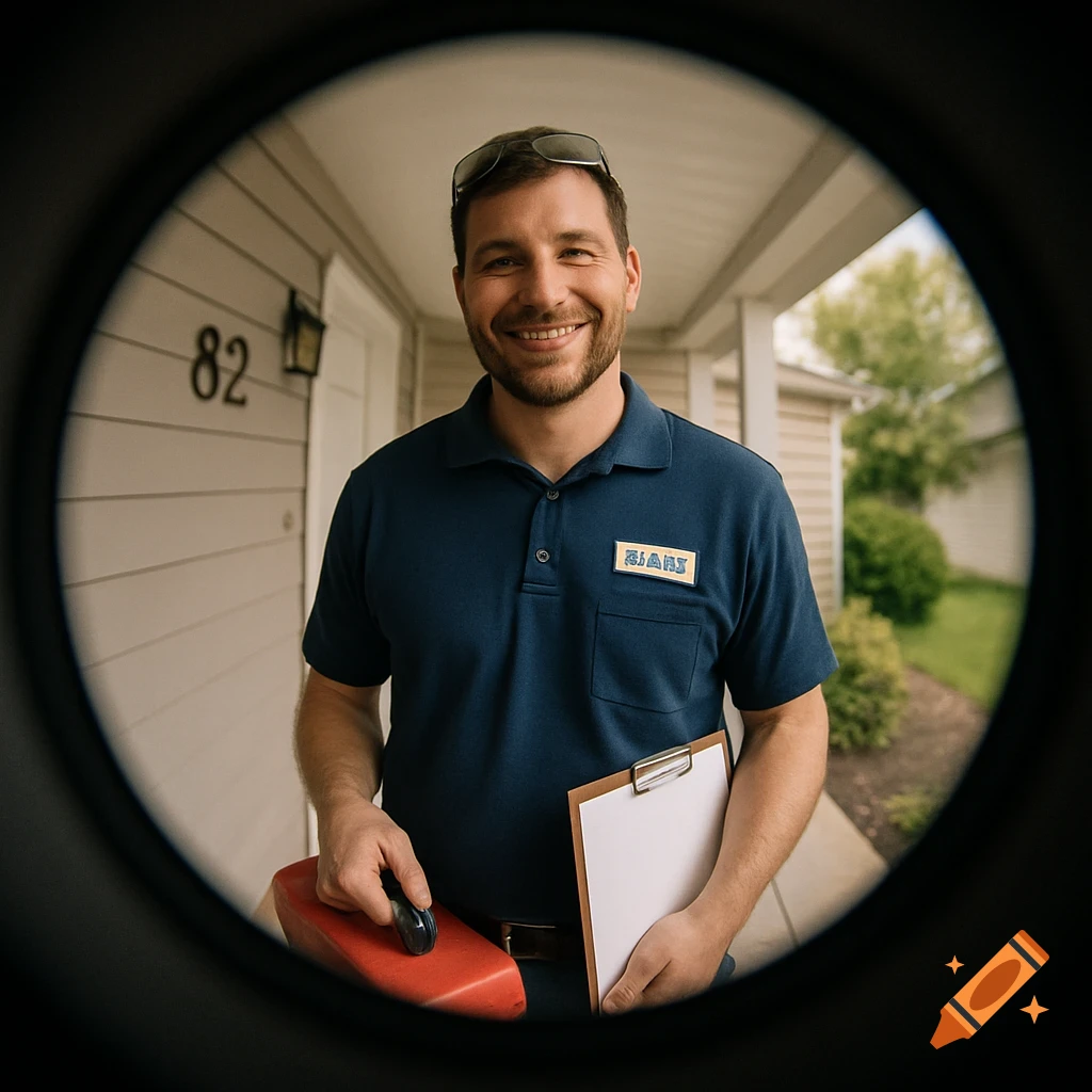 A friendly handyman with a beard and sunglasses on his head, wearing a navy polo, smiles at a door peephole. He holds a red toolbox and clipboard on a residential porch.