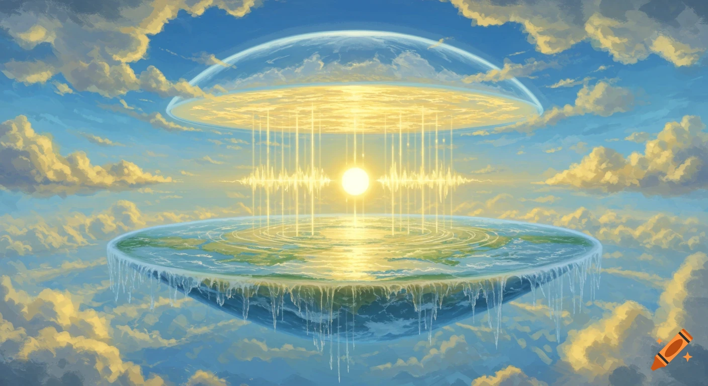A stylized flat Earth model with a clear dome floats in a cloudy sky. A radiant sun beams light waves between the dome and the Earth.