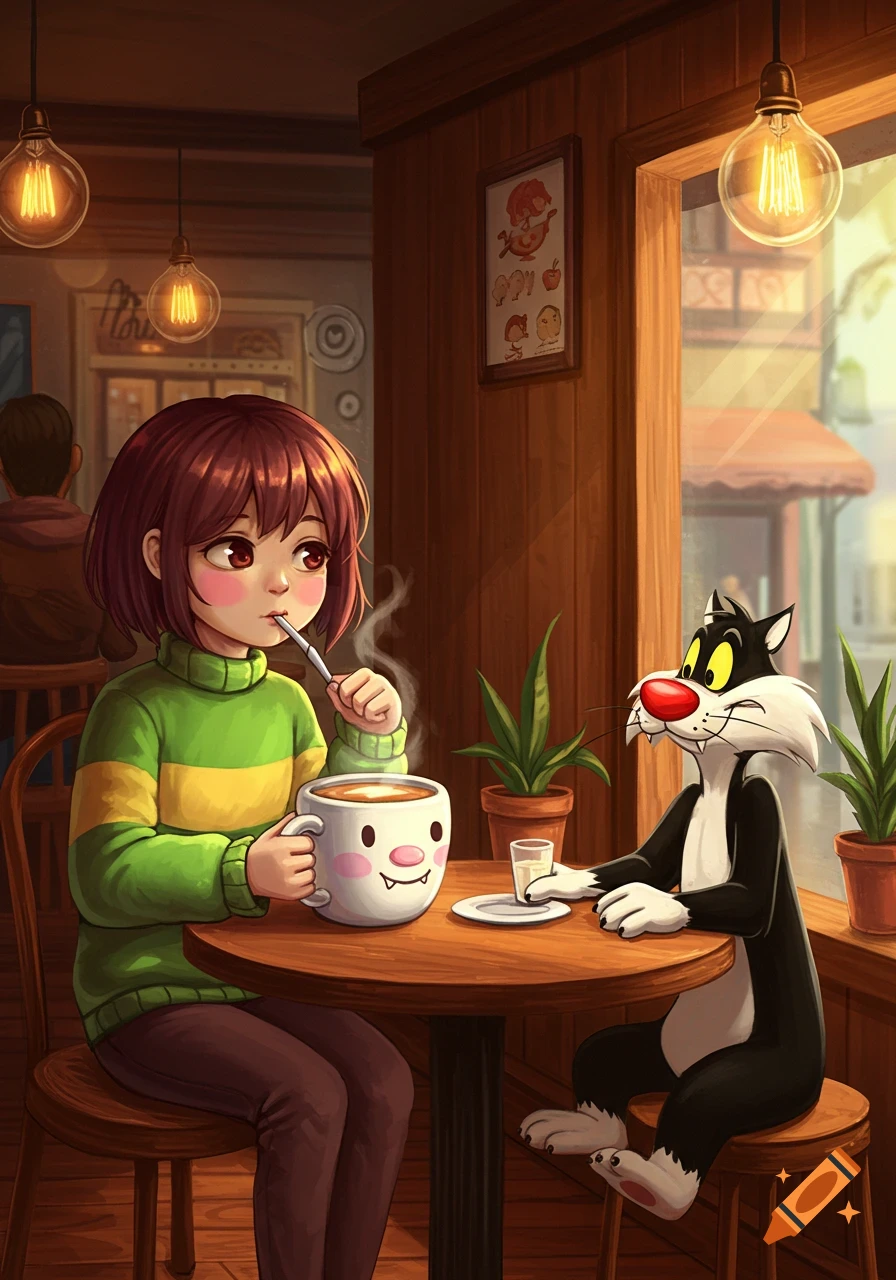 Chara from Undertale drinks a latte with Sylvester the Cat in an anime-style cafe.