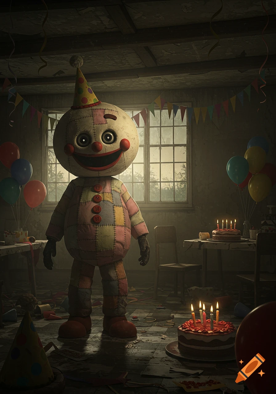An unsettling, patched birthday mascot in a party hat stands in a dark, derelict room with balloons and birthday cakes.