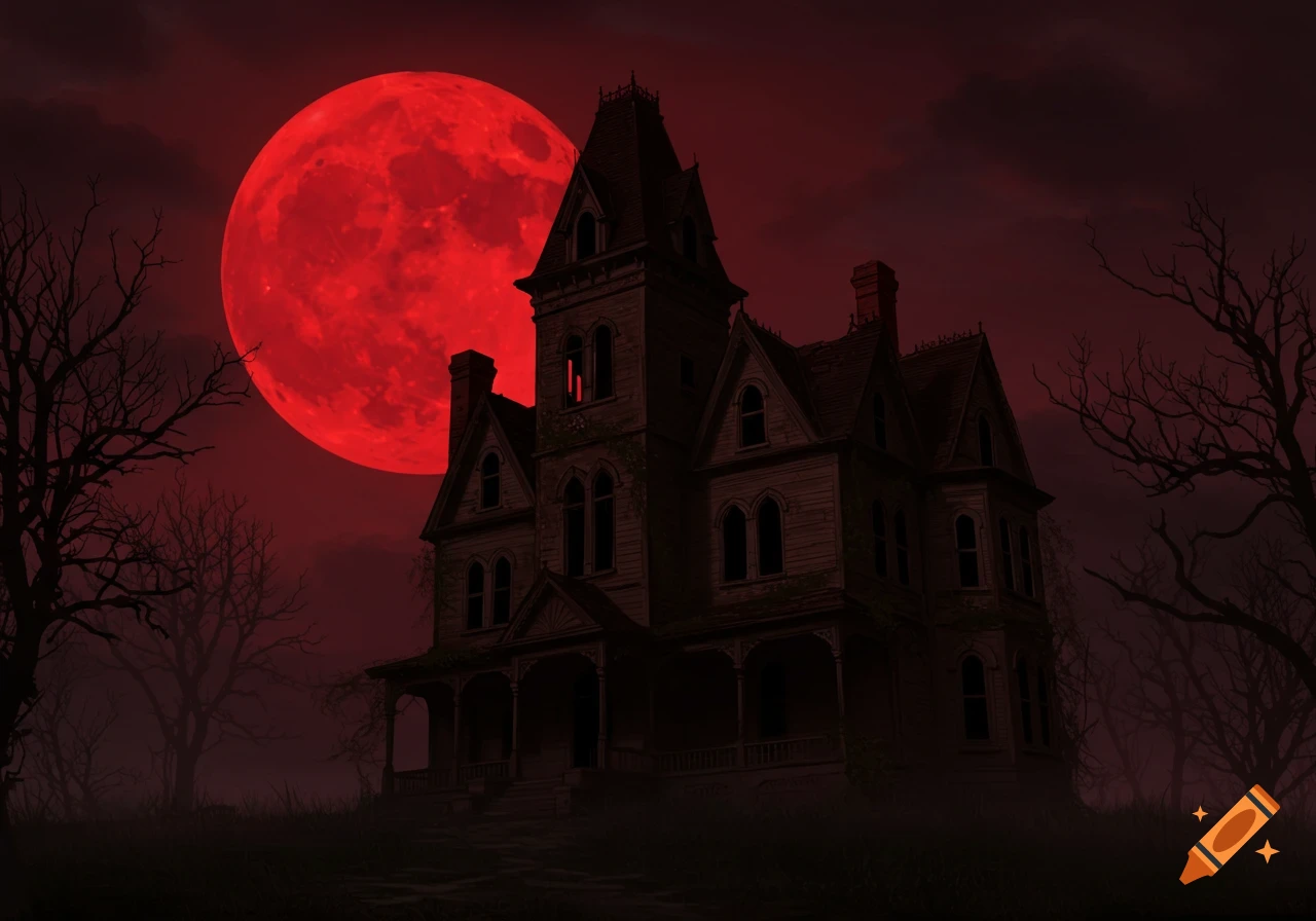 A dark, rotting Victorian mansion with shattered windows under a large, glowing blood-red moon, surrounded by bare trees in a misty, red-hued night.