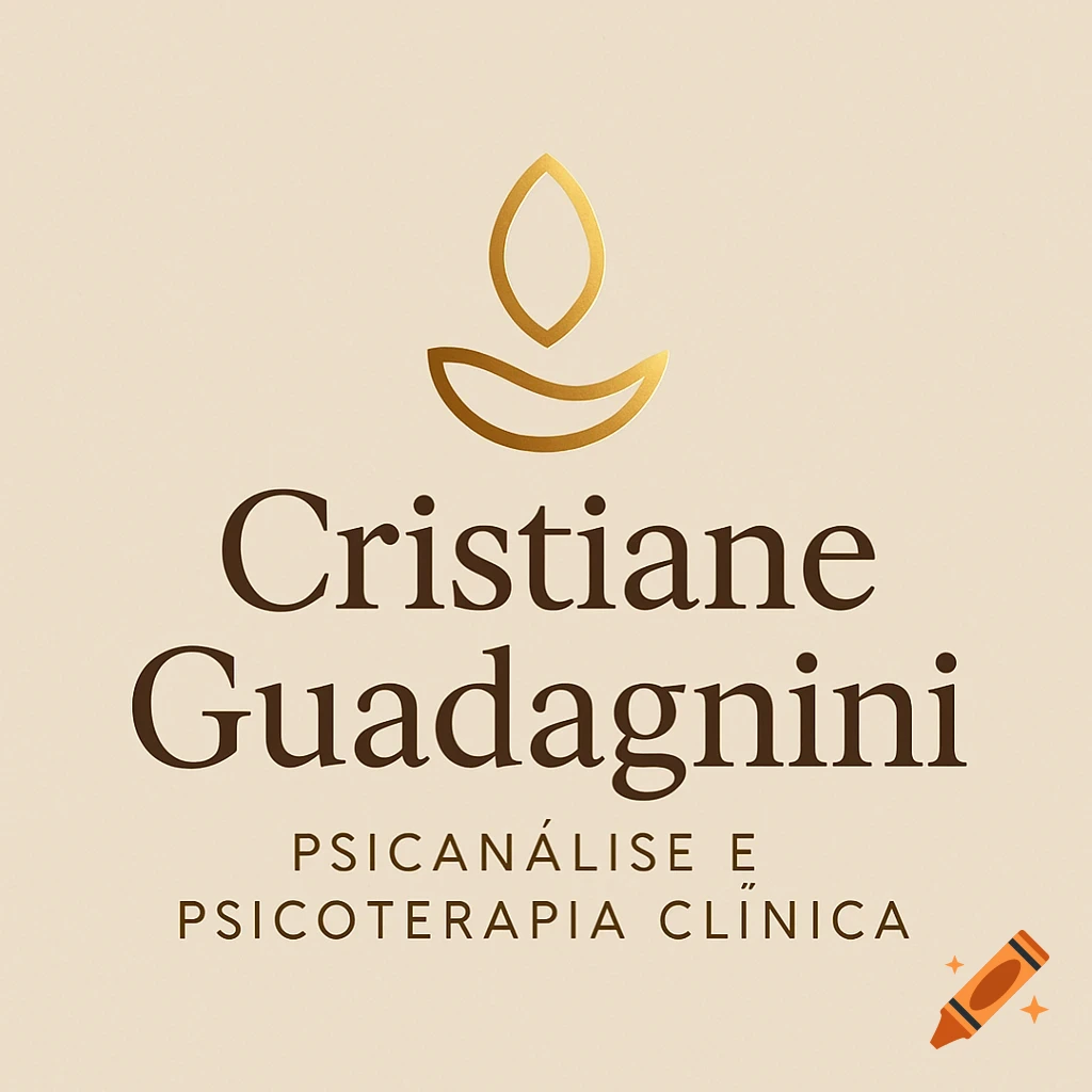 Minimalist luxury logo: gold abstract symbol, 'Cristiane Guadagnini' in brown serif, 'Psicanálise e Psicoterapia Clínica' in sans-serif, on beige.