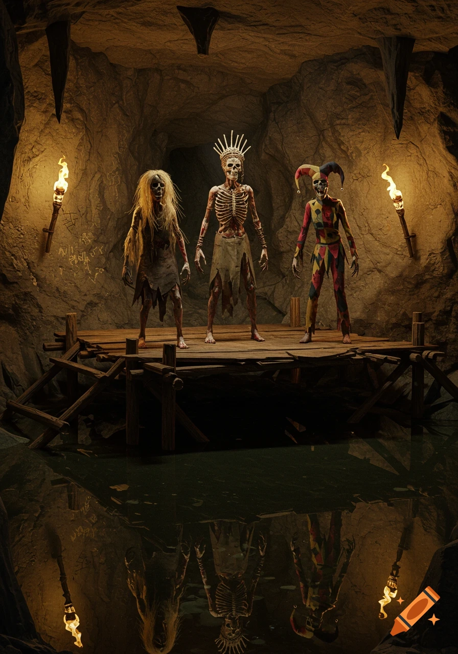 Three zombie-like figures stand on a rickety wooden stage in a dark, torchlit cave, reflecting in murky water.