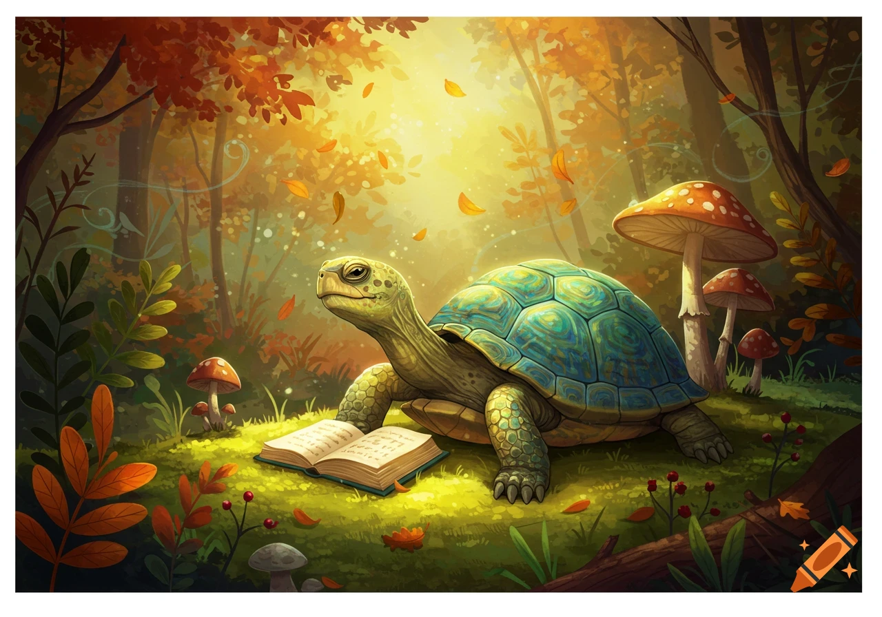 A whimsical illustration of a turtle reading a book in a sunlit, autumnal forest with mushrooms.