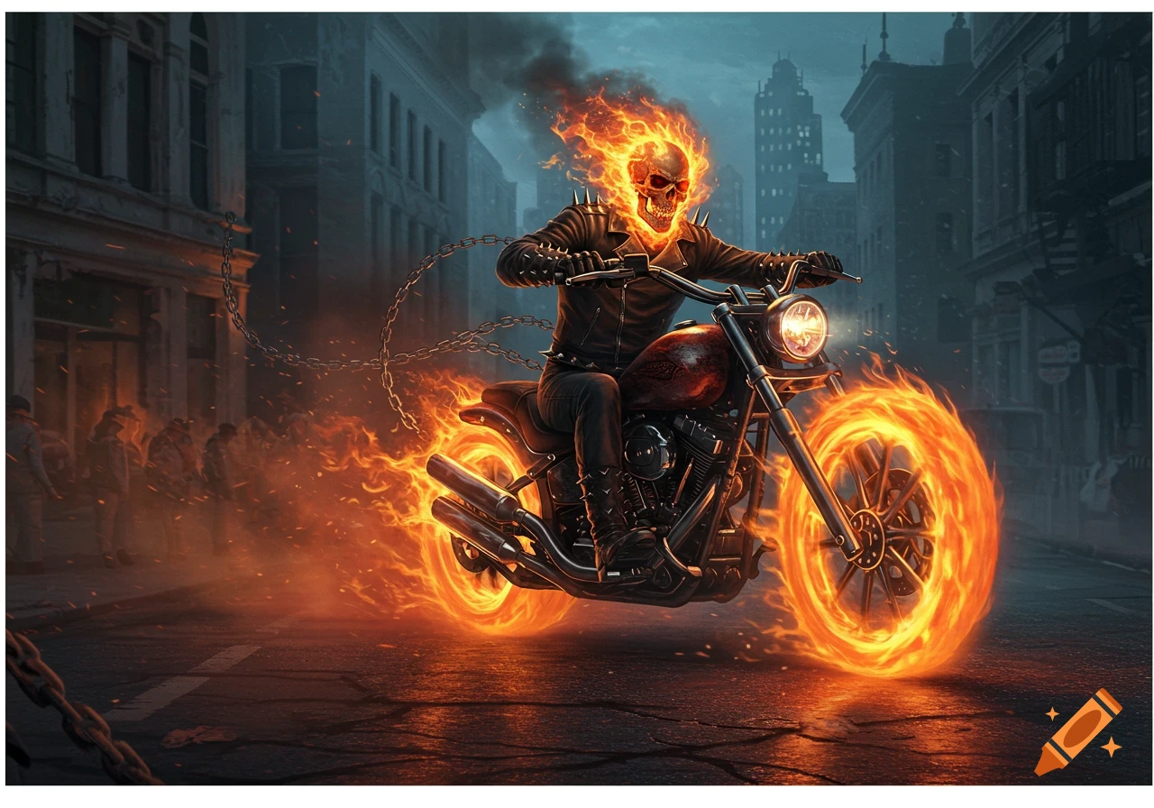 A fiery skull figure, Ghost Rider, rides a flaming motorcycle through a dark, smoke-filled city street in a dynamic comic book style.
