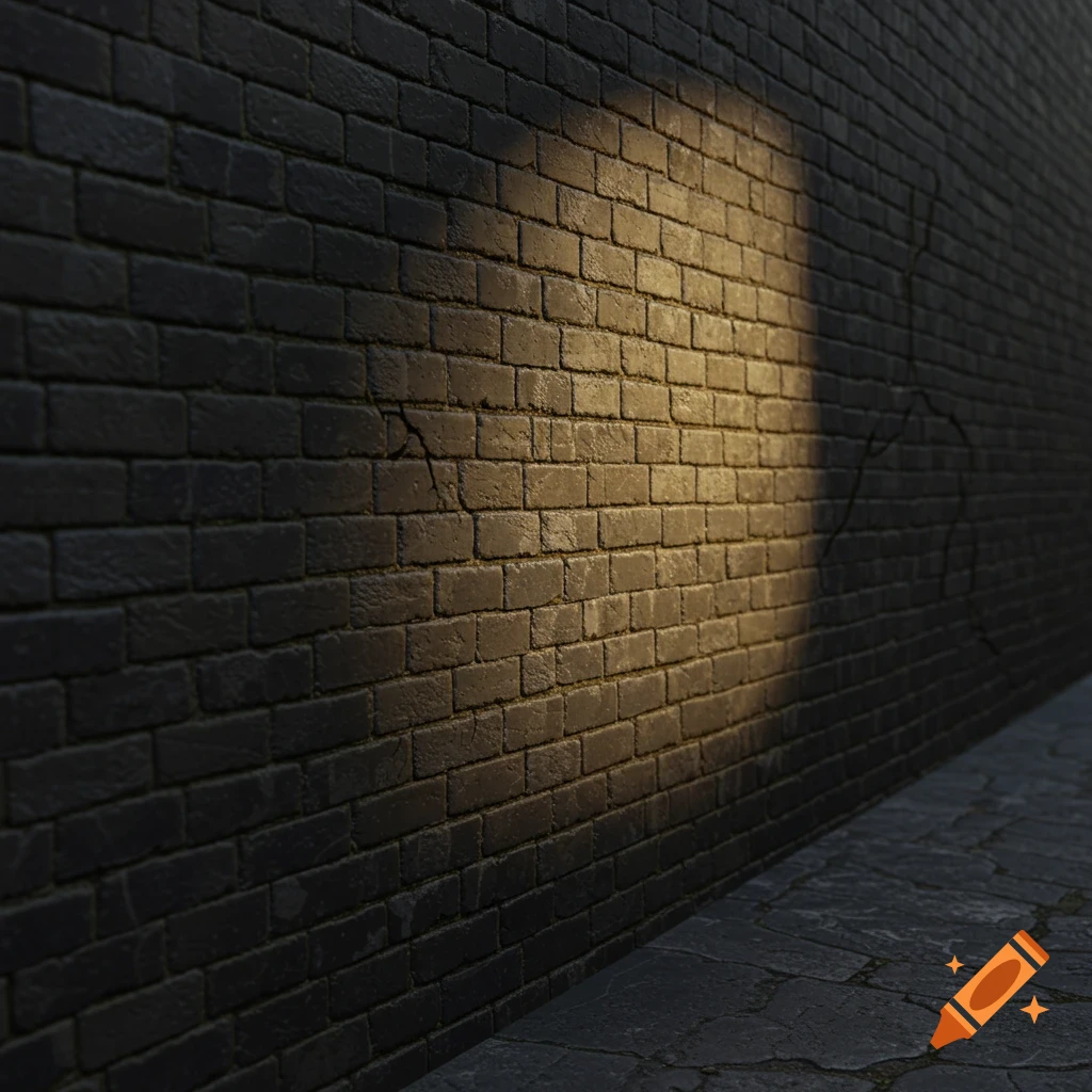 A dark gray brick wall with a patch of golden sunlight and a paved path.