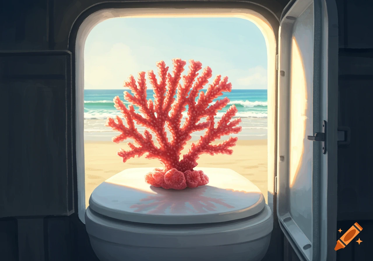 A vibrant red coral sits on a toilet inside a porta-potty, with the open door revealing a sunny beach and ocean.