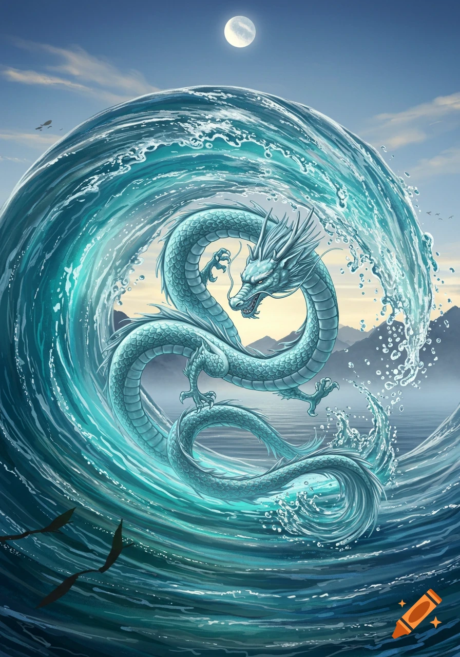 An illustrative water dragon coiled within a large, swirling turquoise wave under a full moon, with mountains and sea in the background.