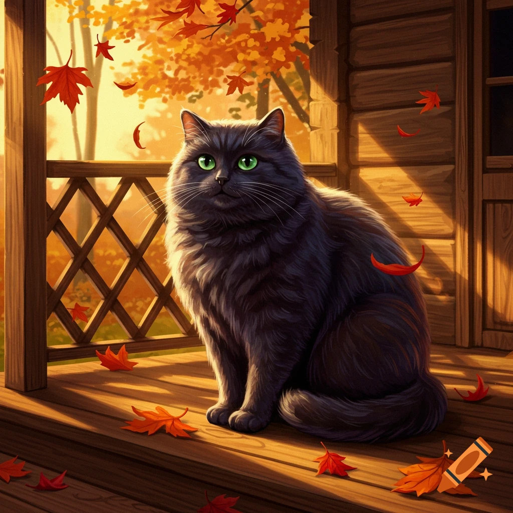 An illustrated fluffy black cat with green eyes sits on a wooden porch with scattered autumn leaves.