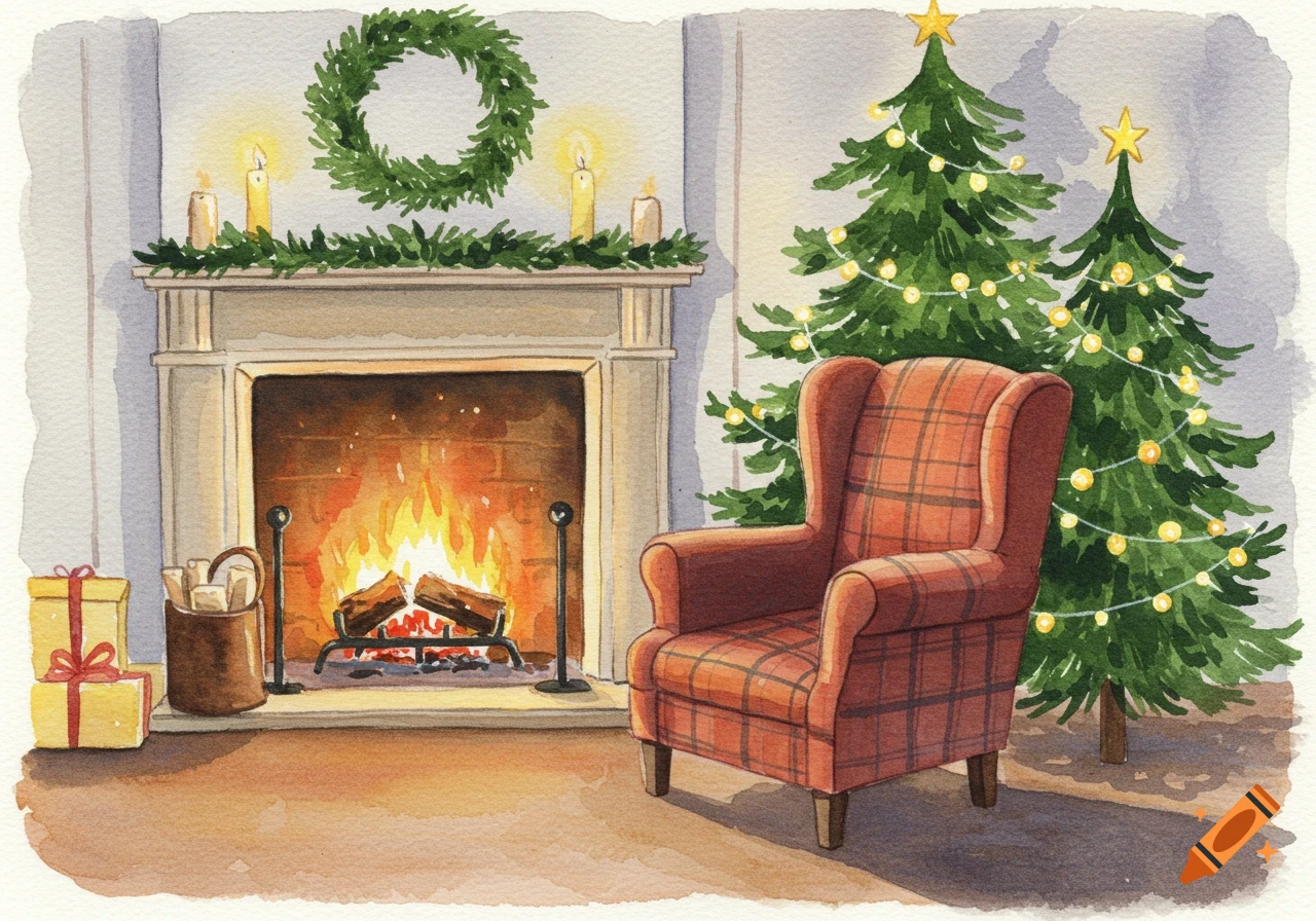 A cozy watercolor Christmas scene with a lit fireplace, a plaid armchair, two decorated Christmas trees, and gifts.