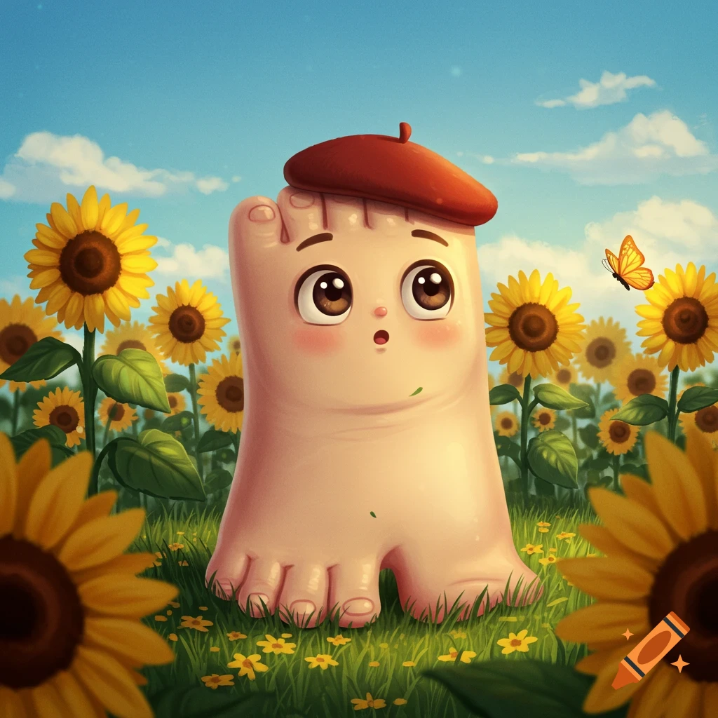 A whimsical cartoon foot character with a red beret looks surprised at a butterfly in a field of sunflowers under a blue sky.