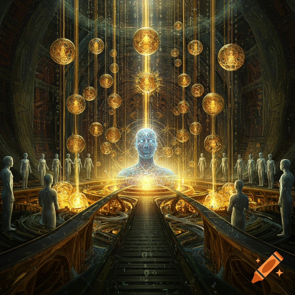 A central glowing blue neural figure with golden data streams from orbs, surrounded by gray figures in a dark, futuristic chamber.