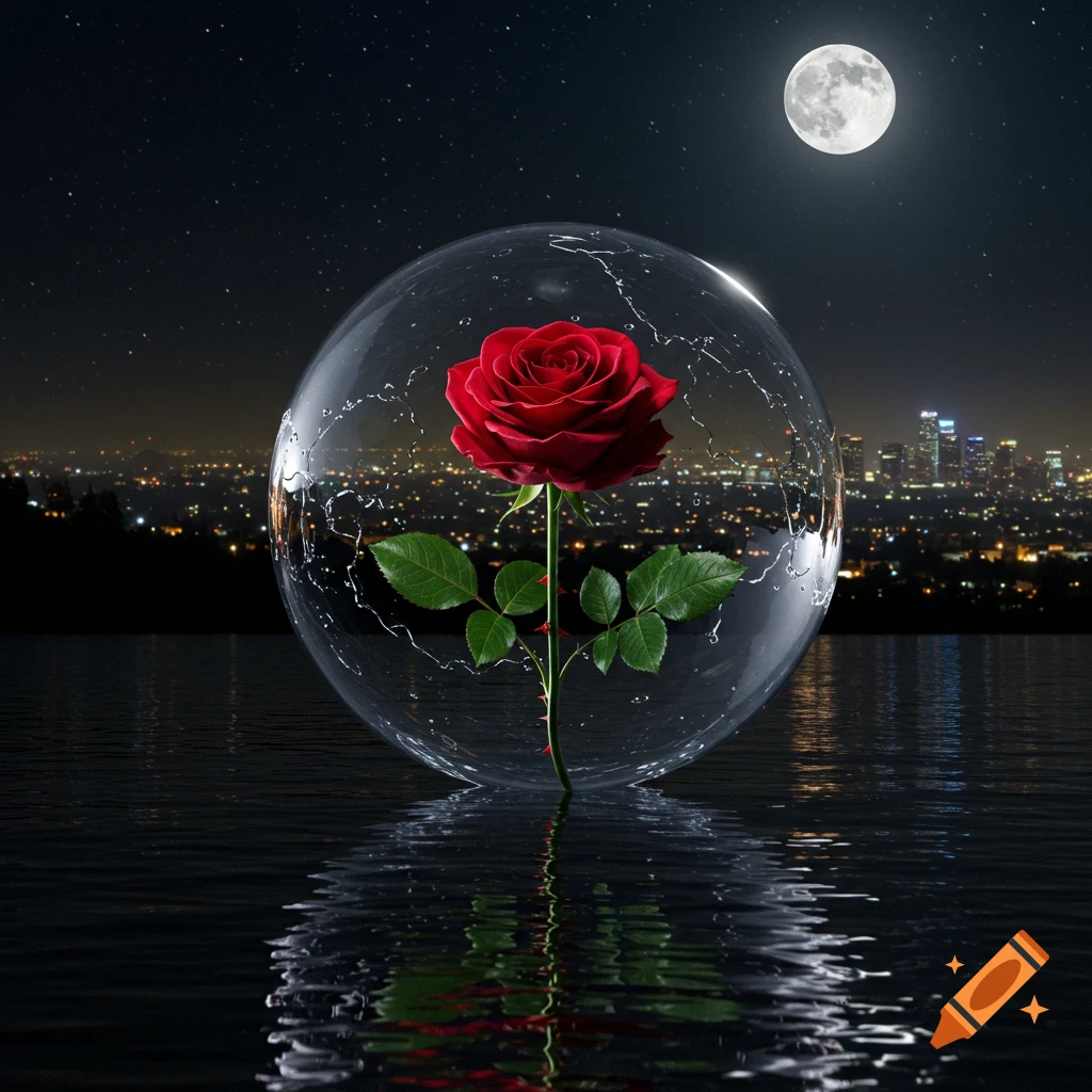 A red rose in a glass sphere floats on dark water, reflecting a moonlit city skyline under a starry night.