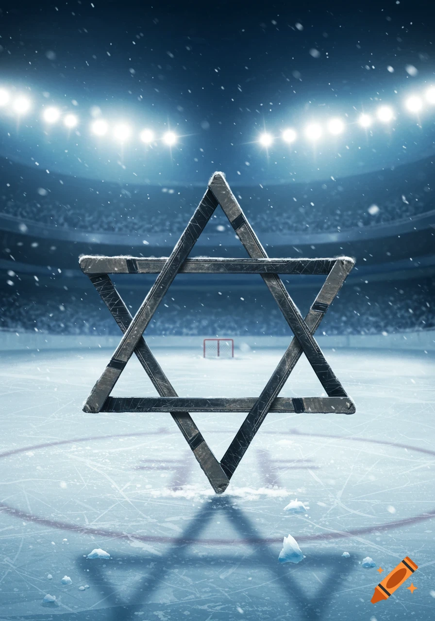 A photorealistic Star of David made from hockey sticks stands on an ice rink in a snowy stadium with bright lights.