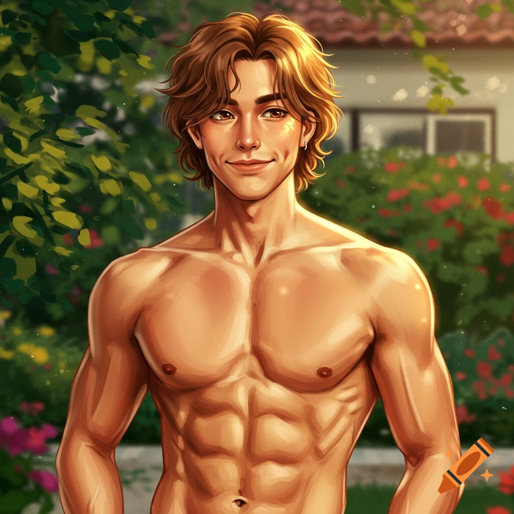 Digital art of a muscular young man with light brown hair, dimples, and a flirty smile, standing outdoors in sunlight.