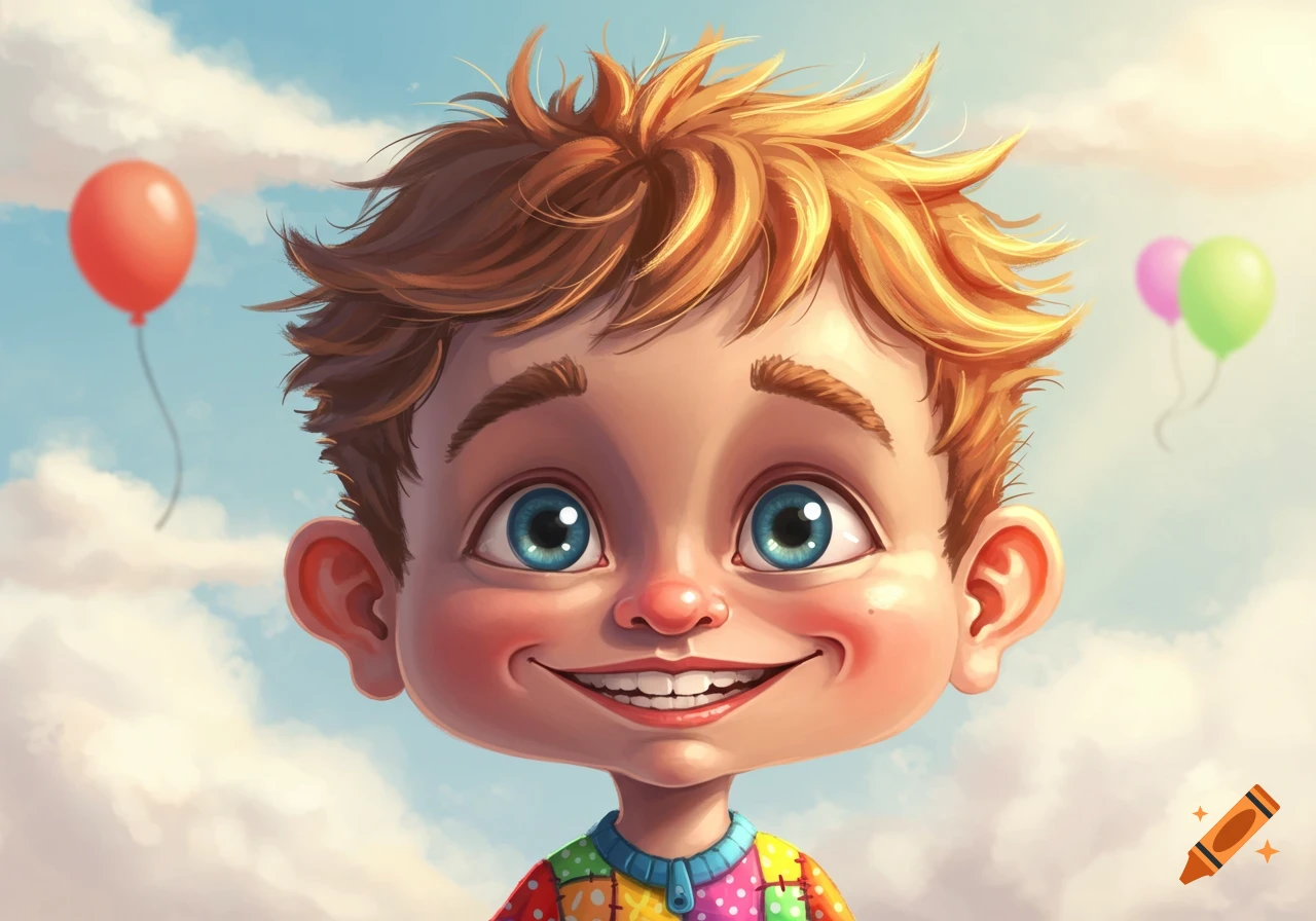 Smiling cartoon boy with a big head, blue eyes, messy blonde hair, and a colorful patchwork shirt against a cloudy blue sky with balloons.