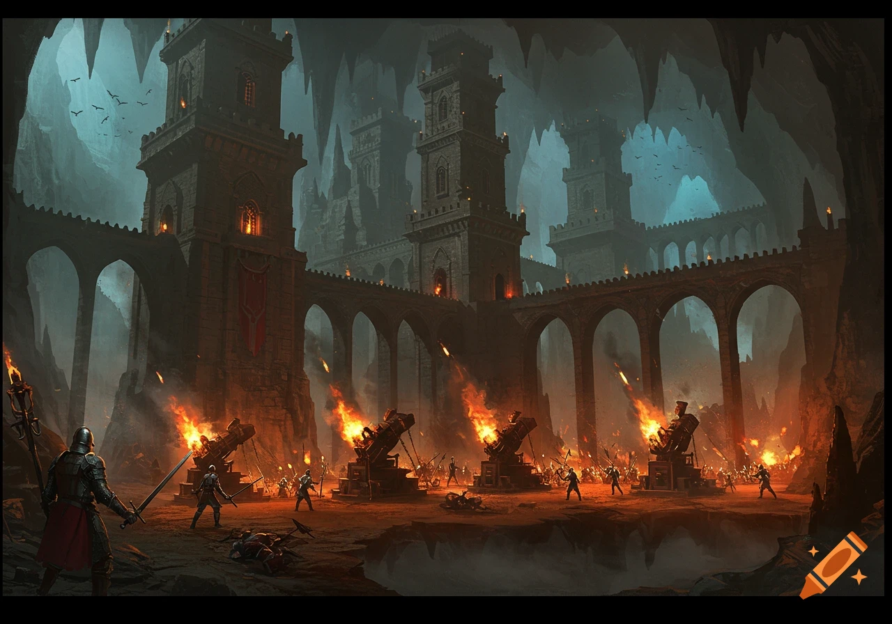 An epic fantasy battle scene shows armored warriors and flaming siege engines attacking a large underground castle within a cavern.
