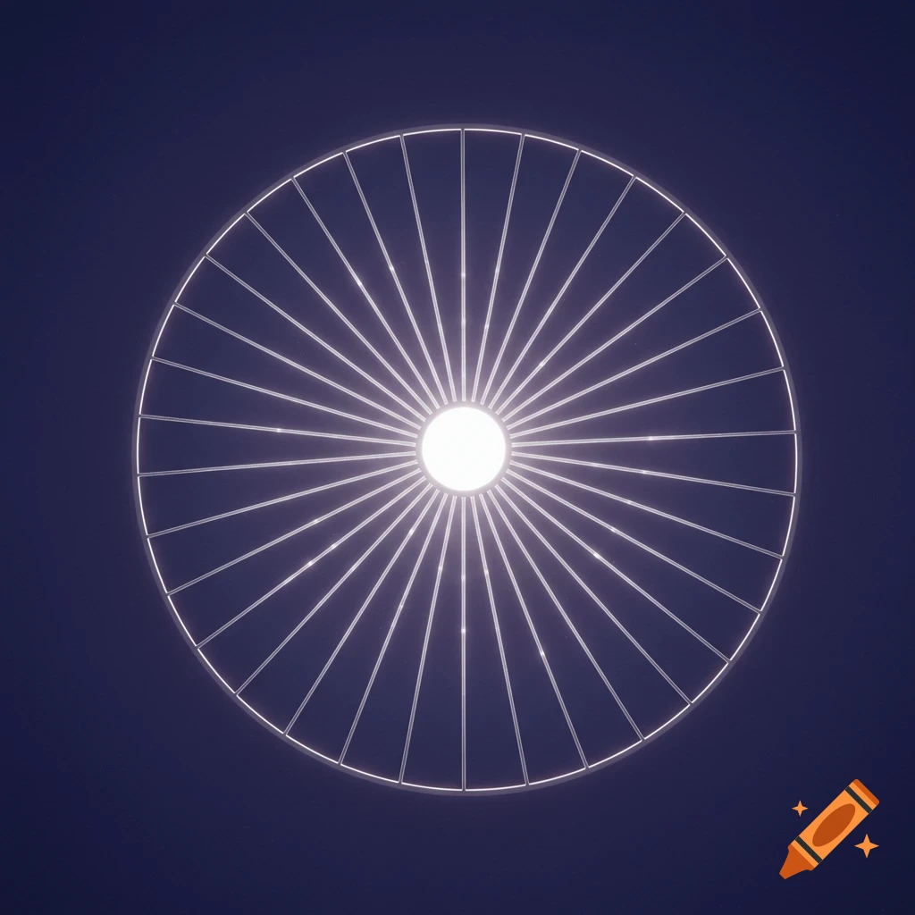A bright white light at the center of a spoked circular design against a dark purple background.