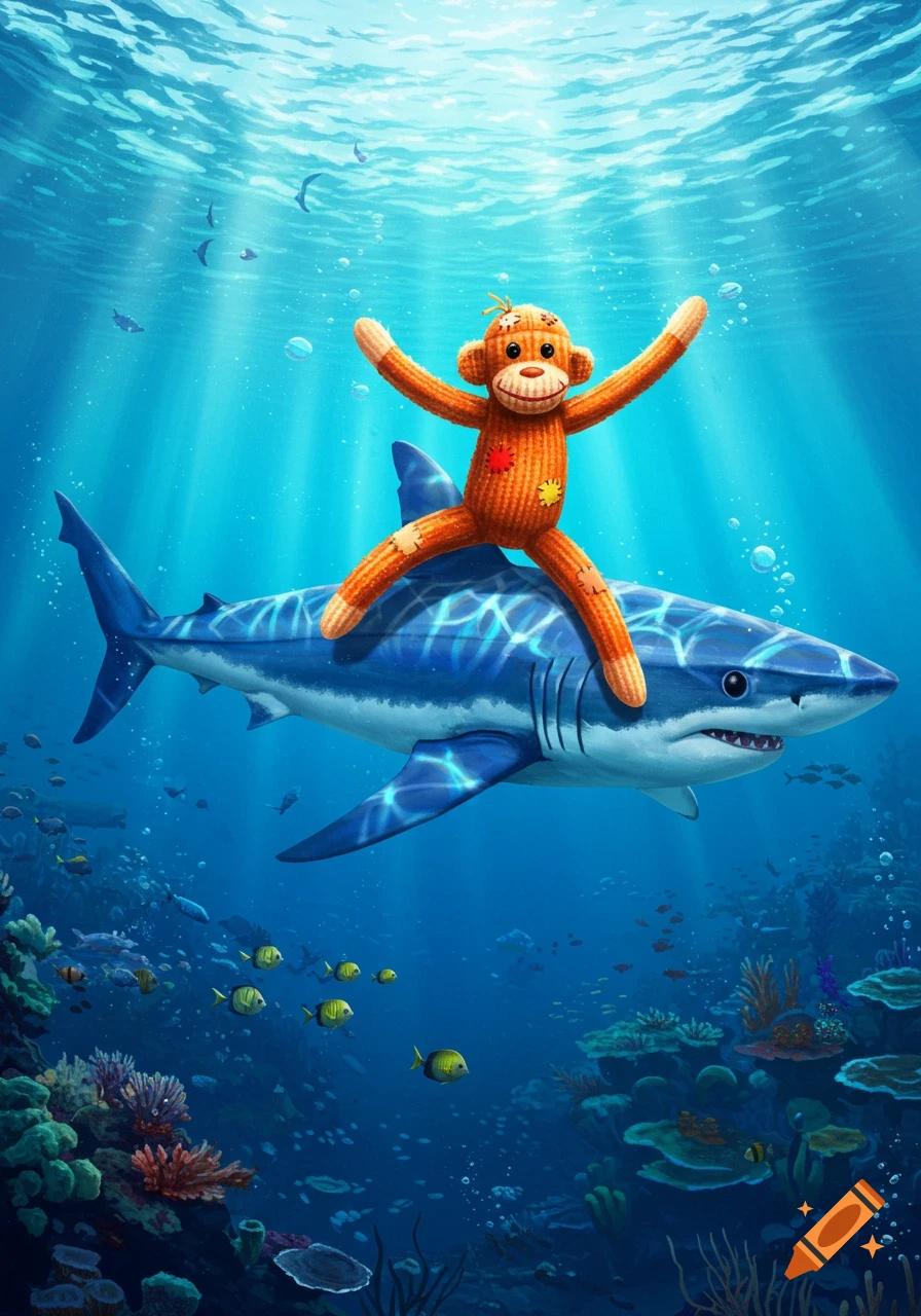 An orange sock monkey with patches happily rides on the back of a blue and white mako shark in a vibrant underwater scene with coral and fish.