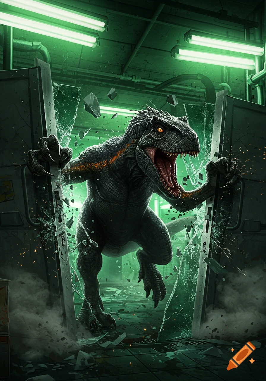 A terrifying Indoraptor with glowing orange eyes breaks through a metal door in a green-lit lab, surrounded by shattered debris.