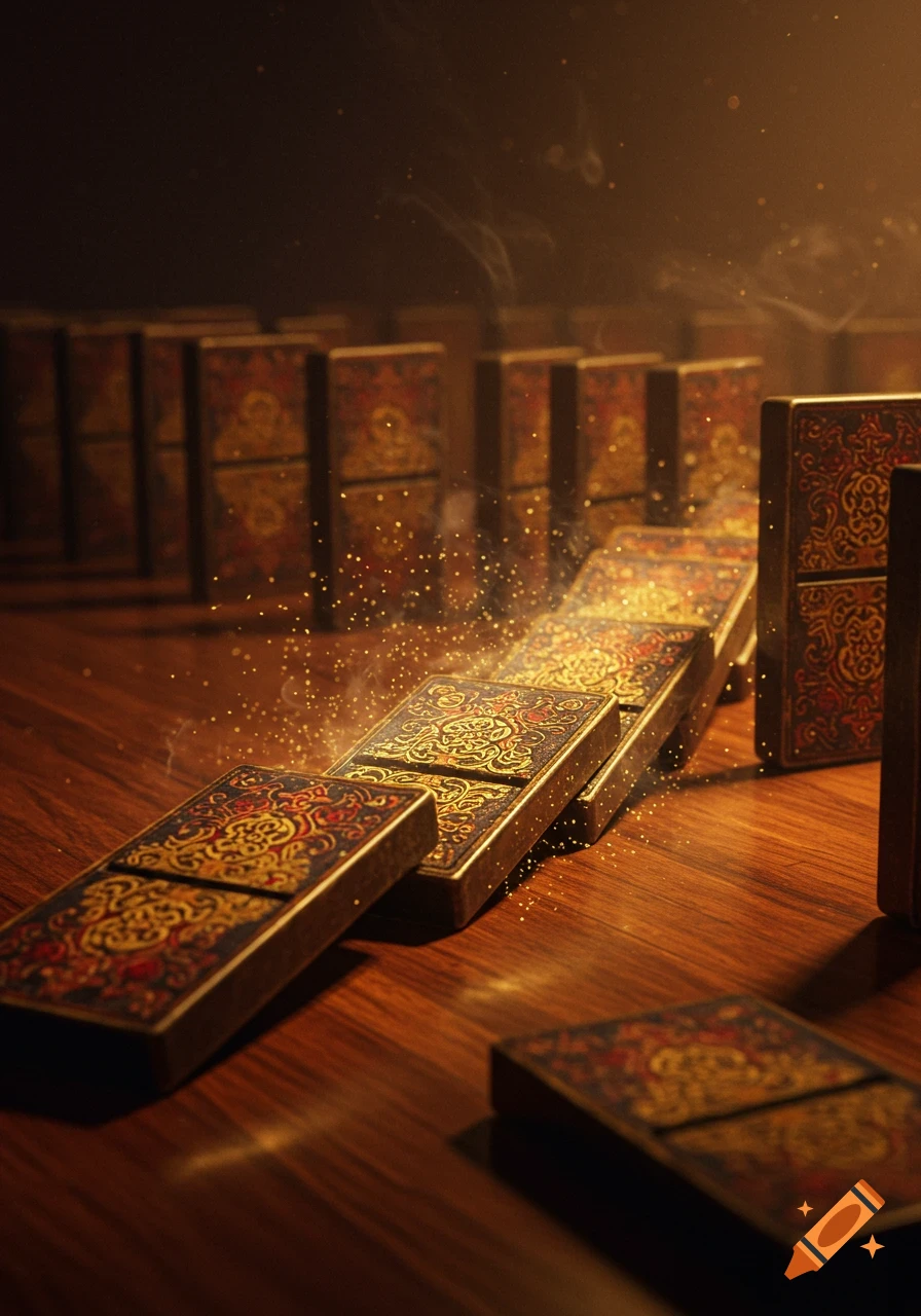 Ornate dominoes with gold and red patterns falling on a polished wooden table, illuminated by a warm light with sparkling particles and wisps of smoke.