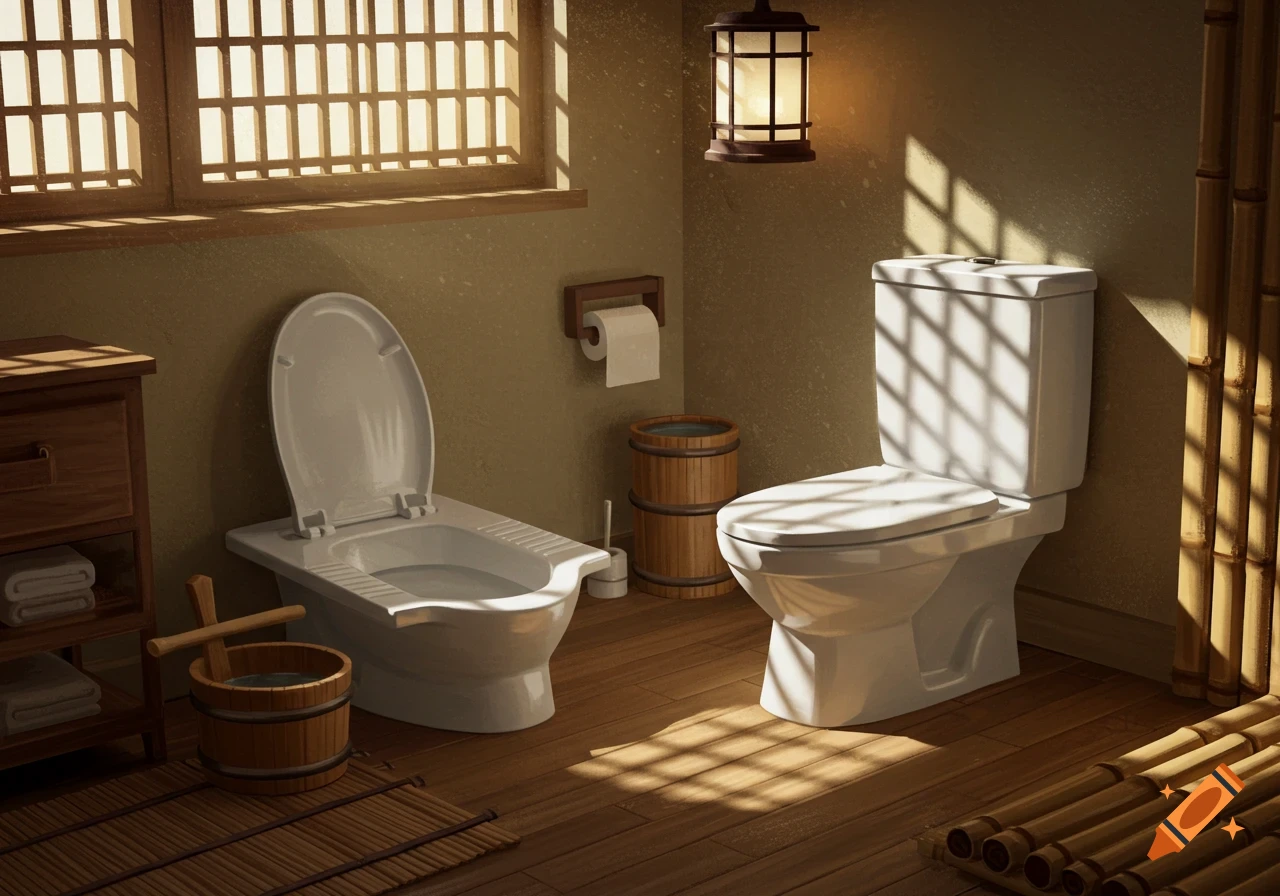 A traditional Japanese-style bathroom with a squat toilet and a Western toilet, wooden cabinet, bamboo accents, and sunlight through a window.