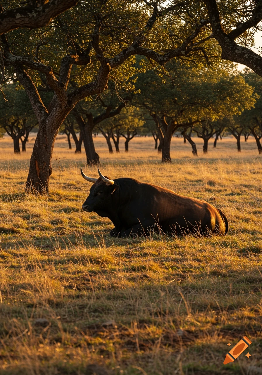A black bull lies peacefully in a golden grassy field with scattered trees at sunset.