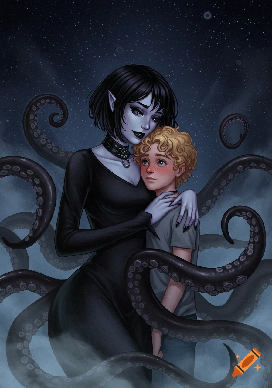 A pale-skinned eldritch woman with dark hair and pointed ears embraces a blonde, curly-haired boy, tentacles gently wrapping around him, under a starry sky.