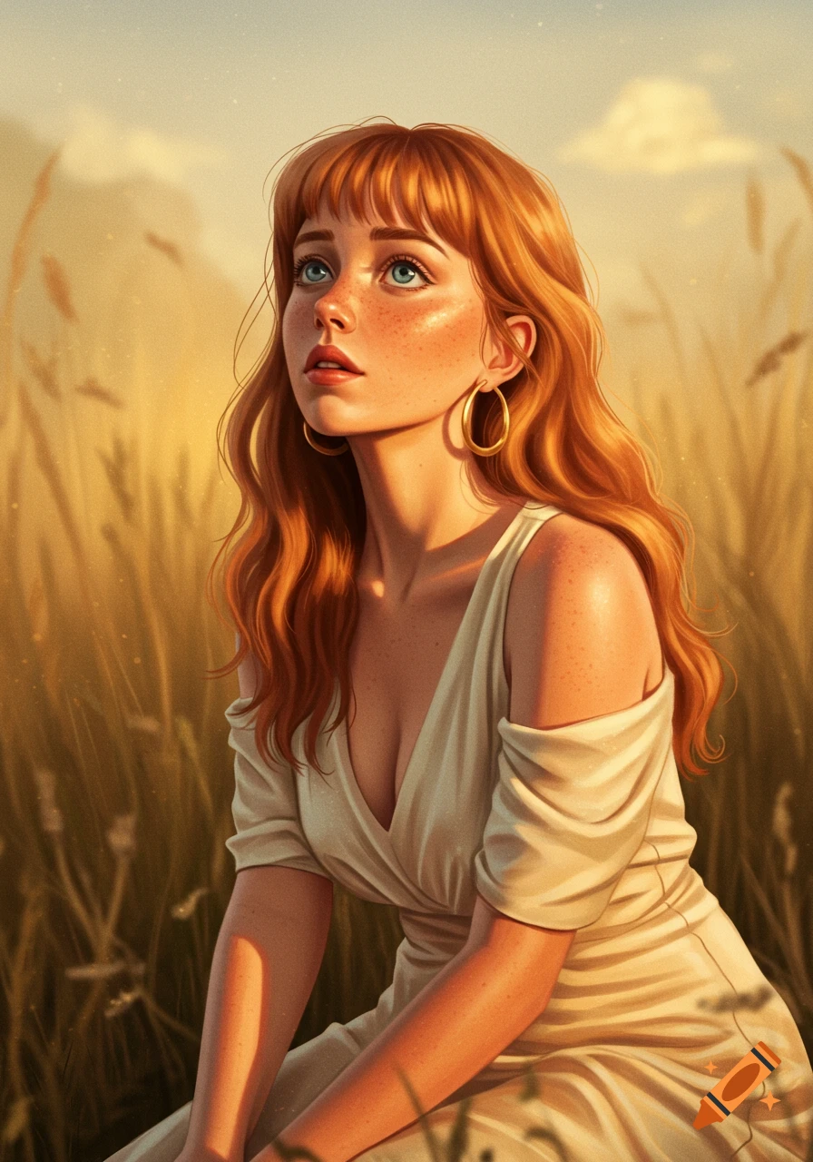 Illustrated young woman with ginger hair and freckles, kneeling in a golden field, looking up with a soft expression.