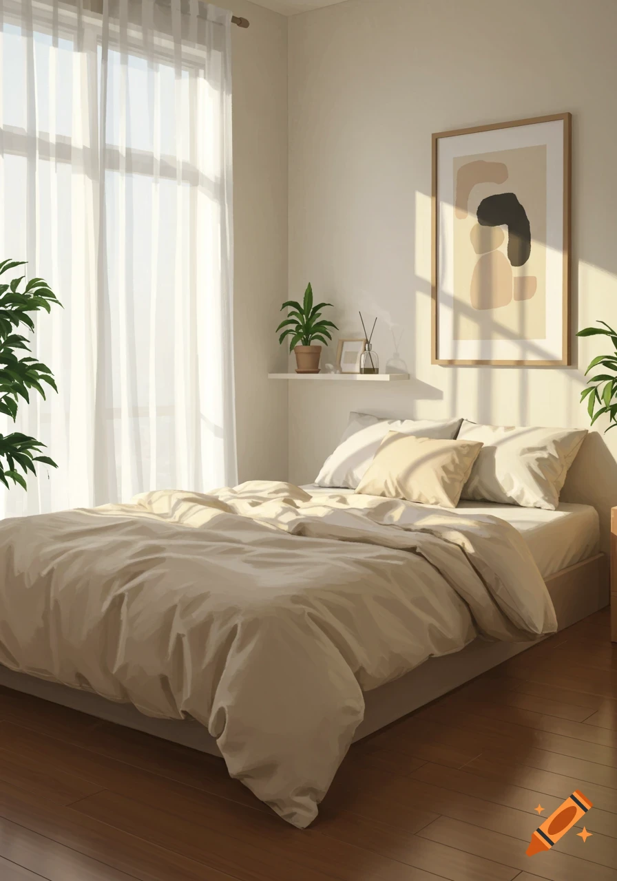 A clean, sunlit minimalist bedroom with a made bed, sheer curtains, plants, and abstract wall art.