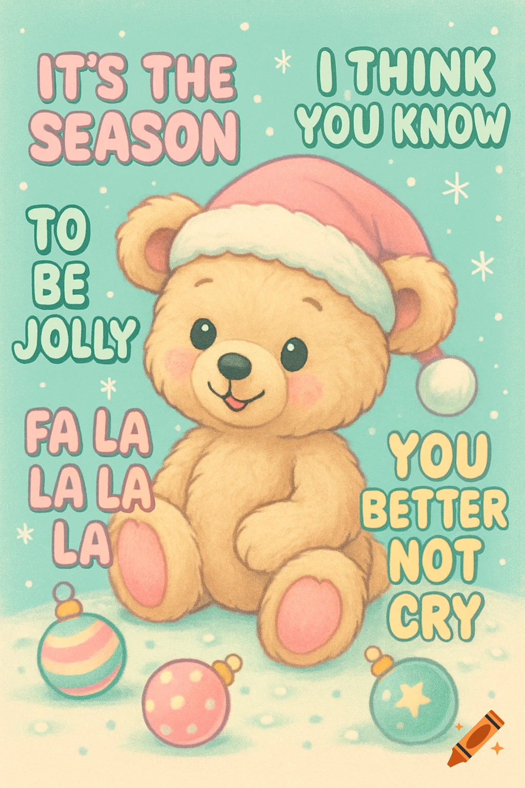 A cute cartoon teddy bear wearing a Santa hat sits with Christmas ornaments and song lyrics on a light blue background.