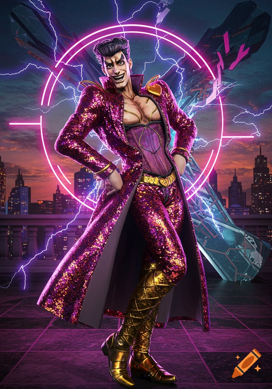 A flamboyant male character in a sequined magenta suit and gold boots strikes a dramatic pose against a neon-lit cityscape.
