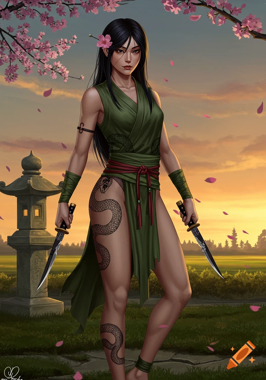 A stylized illustration of a Japanese-looking girl with long black hair and a pink flower, wearing a green tunic and loincloth, wielding two knives, in a landscape with a stone lantern and cherry blossoms.