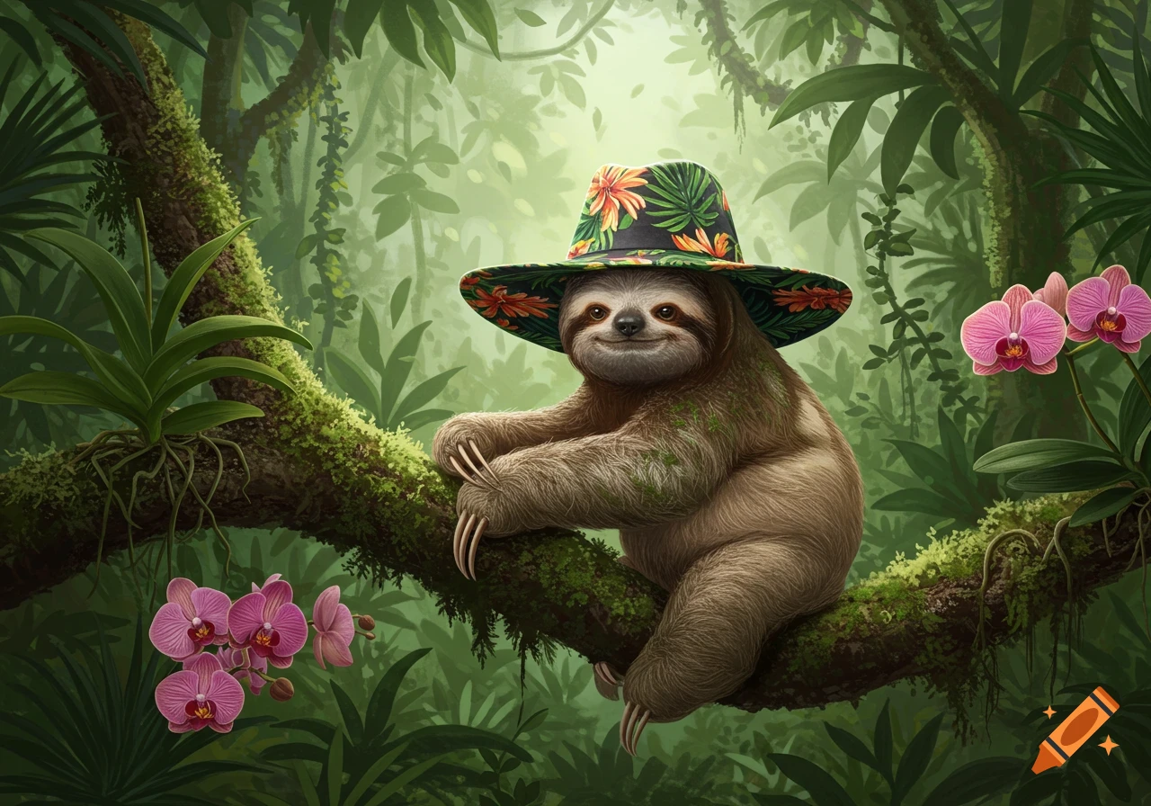 A cartoon sloth wearing a colorful floral hat sits on a mossy tree branch in a lush jungle, with pink orchids in the foreground.