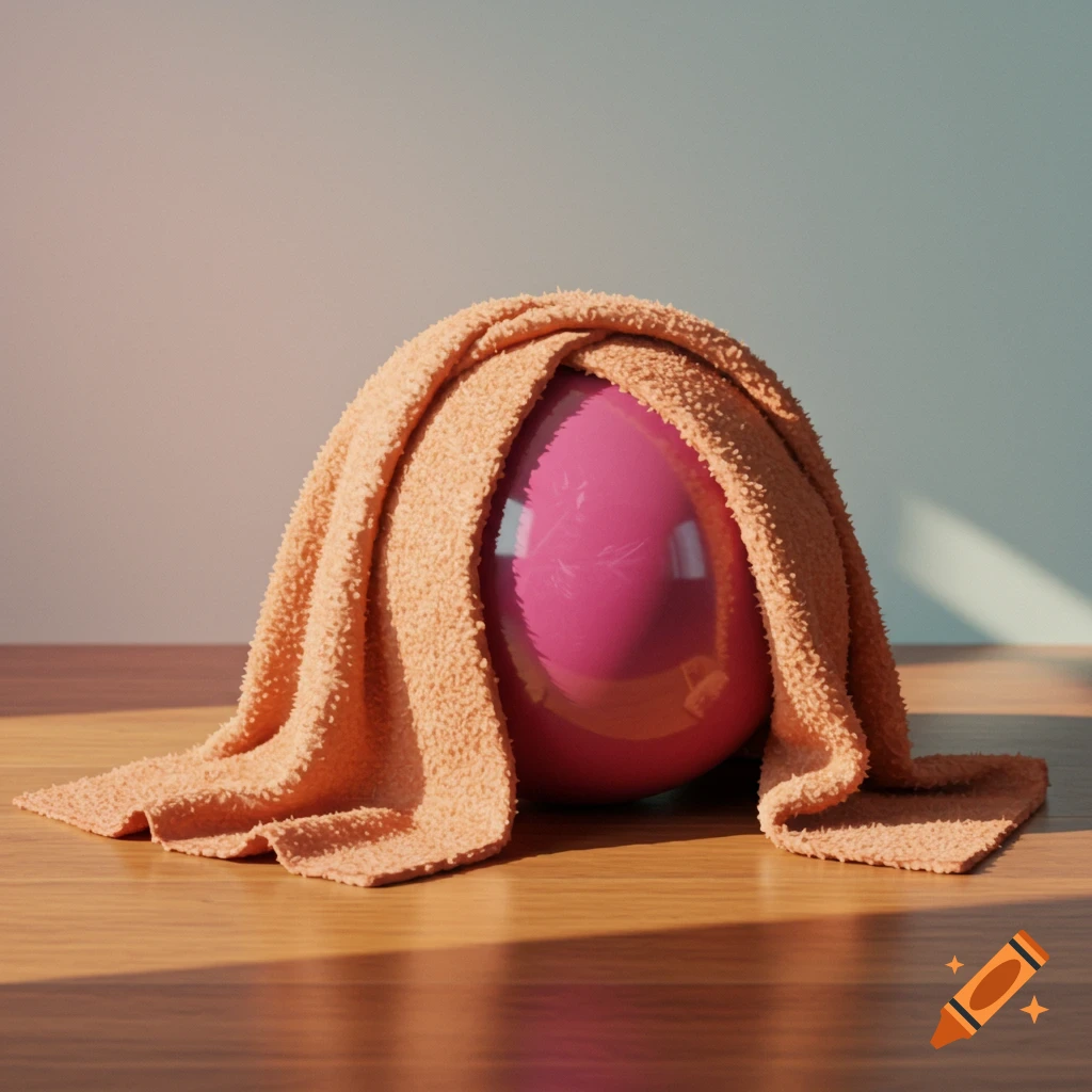 A shiny pink bowling ball is partially covered by a textured orange towel on a wooden table.