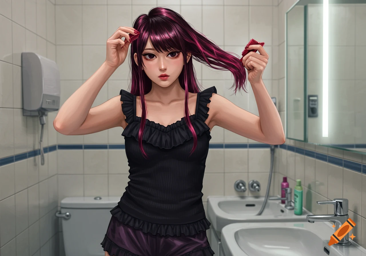 An anime girl with magenta hair in a black ruffled tank top and purple shorts is styling her hair in a bathroom, digital art.