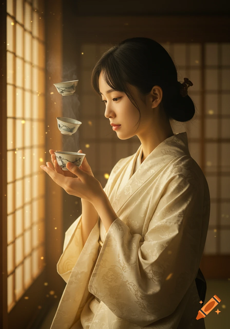 A serene young Asian woman in a cream kimono holds a teacup while two others hover, in a warm, traditional Japanese setting. Photorealistic style.