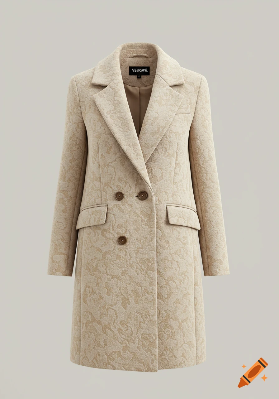 A stylish beige double-breasted coat with a subtle embroidered pattern and notched lapels, displayed against a light background.