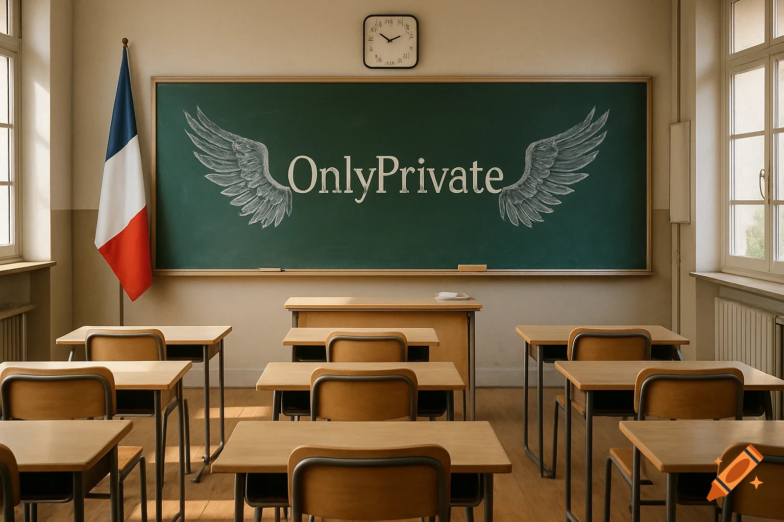 An empty, modern French classroom with 'OnlyPrivate' and wings drawn in chalk on a green blackboard, next to a French flag.